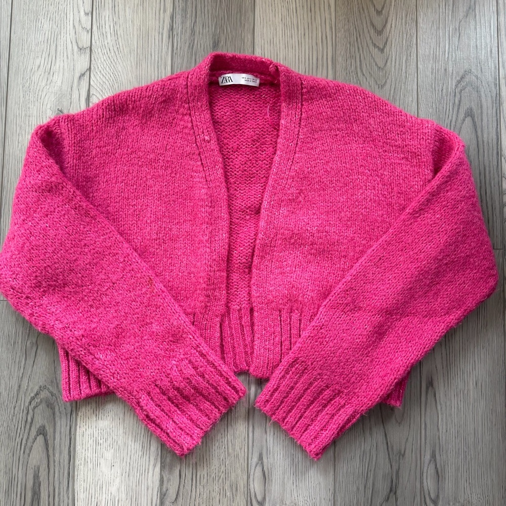 Zara Hot Pink Cropped Knit Cardigan